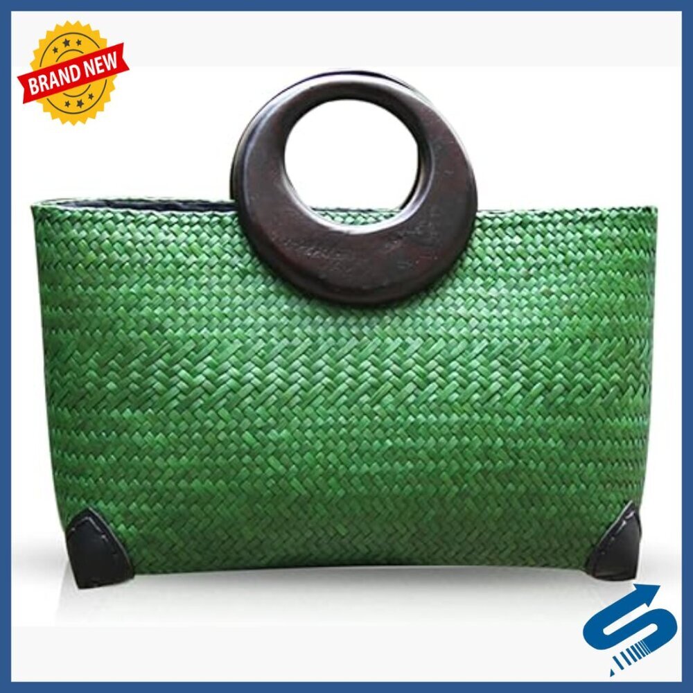 Large Straw Rattan Tote Bag with Wooden Handle, Bohemian Beach Bag